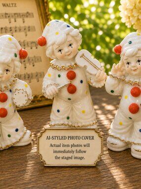 Vtg Brinn's Porcelain Clown Musical Trio | Taiwan Violin Drum Bugle | Kitsch